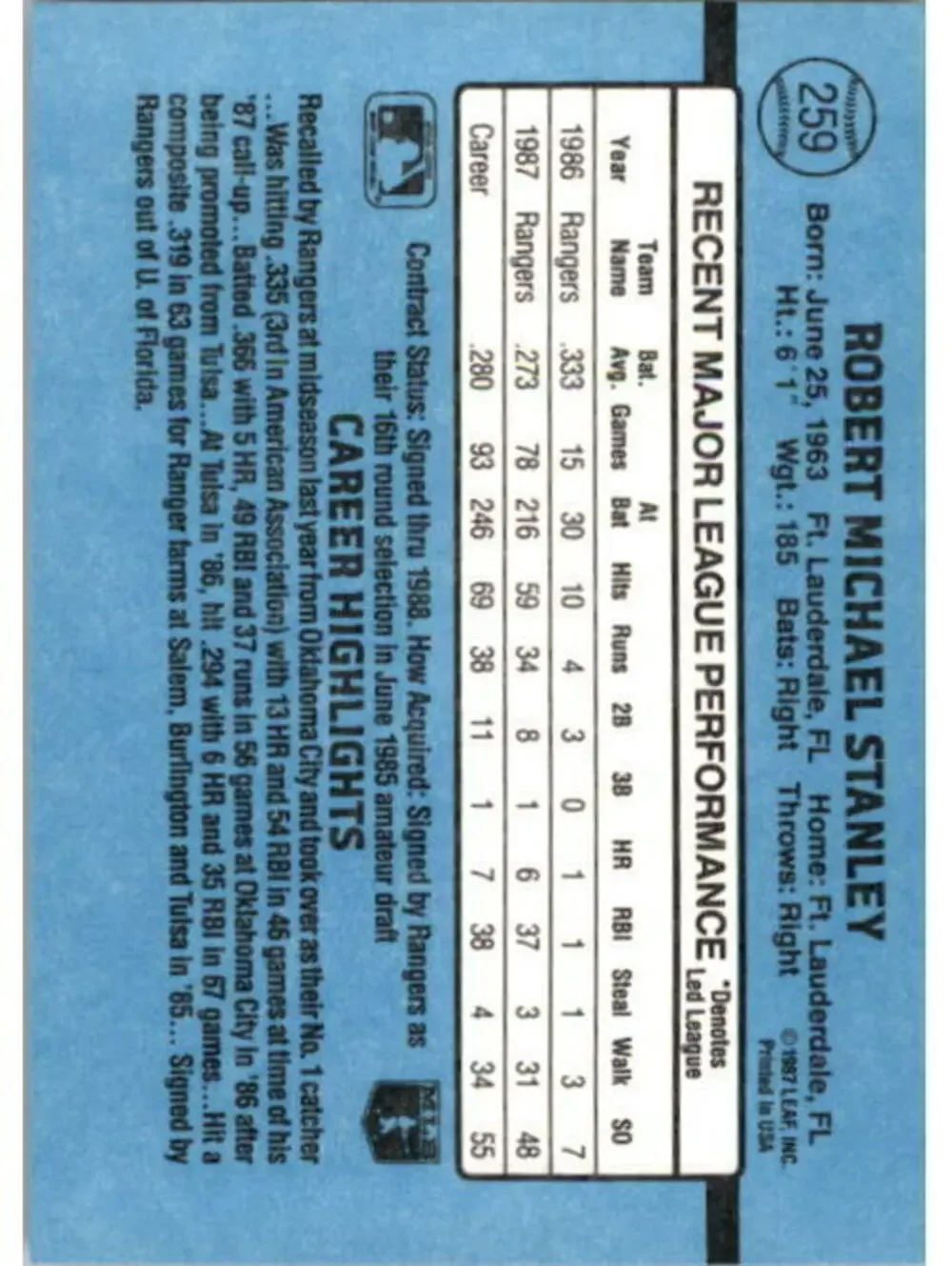 1988 Mike Stanley Donruss Baseball Card #259